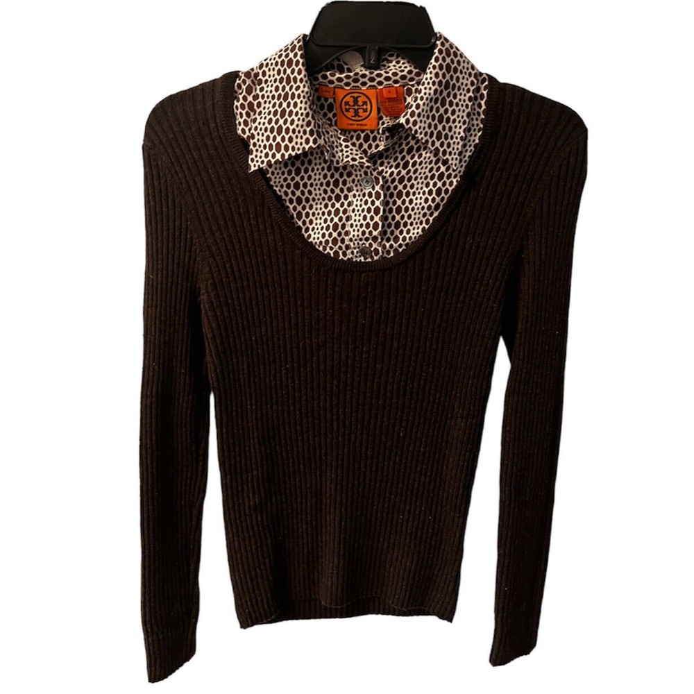 TORY BURCH brown wool silk collar layered look sweater Sz M pullover rib knit